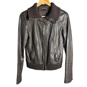 Lafayette 148 New York Wool Rib Knit Leather Jacket Brown Size 6